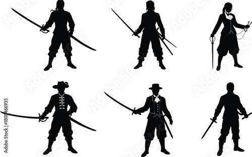 “Collection of detailed warrior silhouettes holding swords in classic dramatic poses, historical fighter figures, vintage costume characters, isolated black shapes on clean white background”