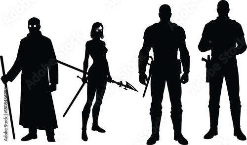 “Silhouettes of armed warriors and futuristic fighters standing with weapons in dramatic poses, showcasing fantasy combat characters on a clean white background”
