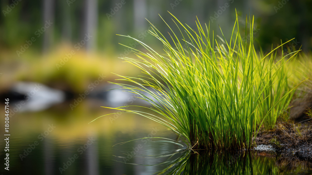 Fototapeta premium Long Exposure of Smooth Water Surface with Reflection of Grass and Nature's Colors in a Tranquil Setting