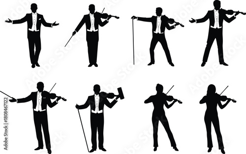 “Silhouettes of male and female violinists performing musical poses, classical orchestra musicians playing violins with bows, elegant formal attire on white background”