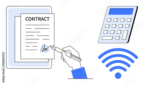 Hand signing a contract, modern blue calculator, wireless symbol. Ideal for business, digital transformation, finance, technology, agreements connectivity communication. Simple flat metaphor