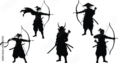 “Silhouettes of samurai archers aiming bows in dynamic warrior poses, traditional Japanese archery fighters standing with arrows and weapons on white background”