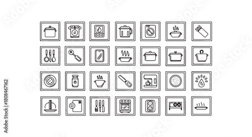 Set of kitchen utensil icons minimalist line art vector symbols for cooking isolated on white backgr