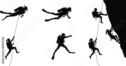 “Silhouettes of scuba divers swimming underwater and climbers rappelling on steep rock wall, adventure sports figures in dynamic action poses on white background”