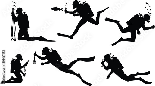 “Silhouettes of scuba divers swimming and exploring underwater with gear and flashlights, dynamic marine activity poses suitable for diving, adventure and ocean-themed designs”