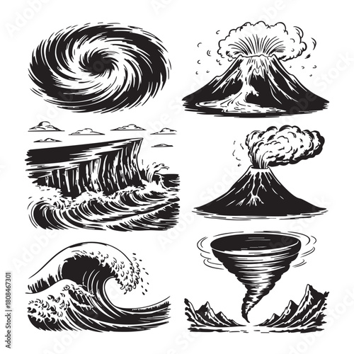 Black and white illustrations of natural disasters including volcanoes waves and tornadoes