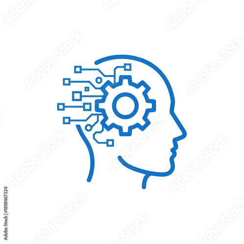Artificial intelligence head with gear and circuits isolated on transparent background