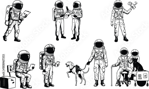 Black and white astronaut illustration set with pets and tools, space exploration concept, cosmic adventure vector art, detailed astronaut drawing