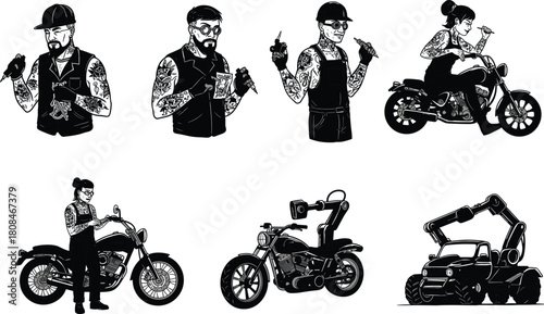 Black and white tattooed biker illustration set, motorcycle repair and ride concept, mechanic art vector, retro motorbike design, detailed drawing