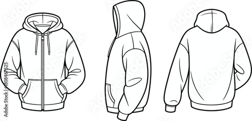 Zip-up hoodie technical fashion illustration, front side and back view, oversized fit sweatshirt vector CAD drawing for apparel design.