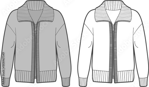 Zip-up knit cardigan with drop shoulder and wide ribbed collar technical fashion illustration, vector CAD drawing for apparel design.