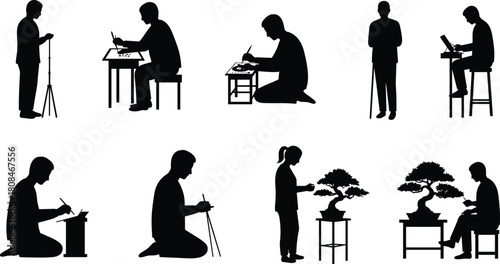 Collection of artist and gardener silhouettes illustrating drawing, painting, bonsai shaping, and creative hobby activities for education, craftsmanship, and artistic lifestyle projects