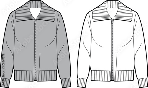 Zip-up knit cardigan with wide ribbed collar technical fashion illustration, front view, vector CAD drawing for apparel design.