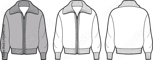 Zip-up knit cardigan technical fashion illustration, front and back view with ribbed collar, vector CAD drawing for apparel design.