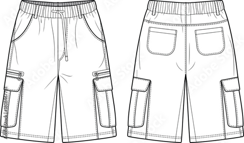 Men's cargo shorts with elastic waistband and drawstring technical fashion illustration, front and back view, vector CAD drawing.