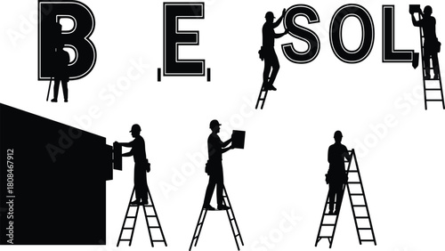 Construction workers installing large illuminated signage letters on building façade using ladders, tools, and measurement equipment for exterior branding setup