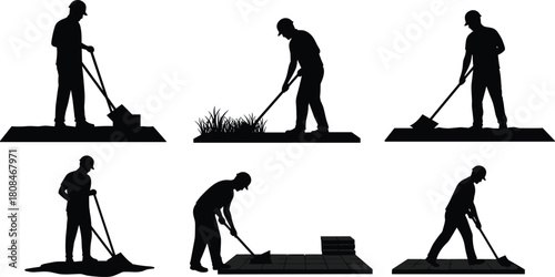 Construction workers leveling ground and laying pavement tiles, shoveling soil, removing grass, preparing site surface for road and walkway installation