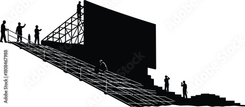 Construction workers installing large outdoor billboard structure, teamwork assembling metal framework, advertising installation and engineering site with scaffolding and safety equipment