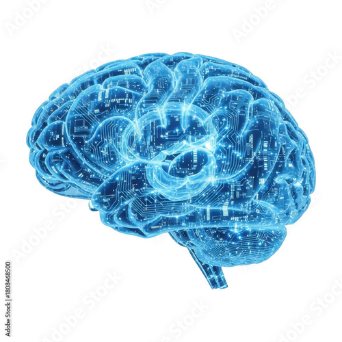 Digital brain with circuits, isolated on transparent background
