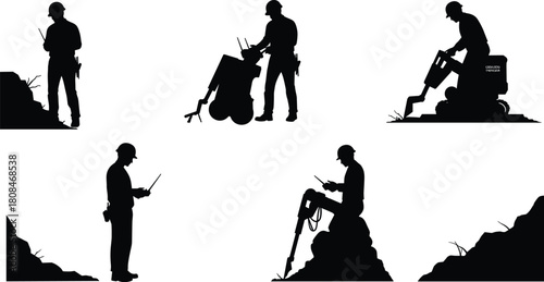 Construction workers using ground-penetrating radar and sensors for underground utility detection, site inspection, and geophysical survey during infrastructure projects