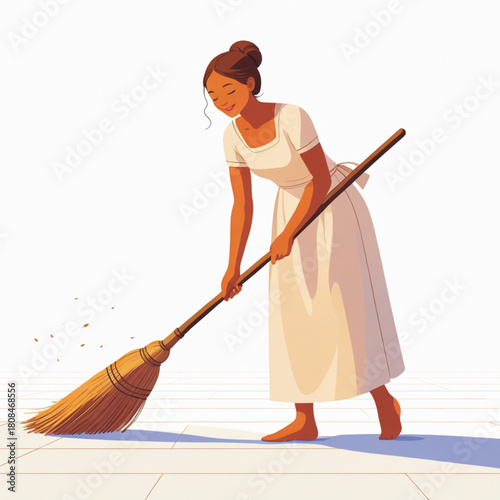cartoon animation of a woman sweeping the floor