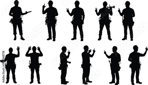 Construction workers using hand signals for communication, teamwork and coordination on building site, safety gesture instructions and industrial training concept