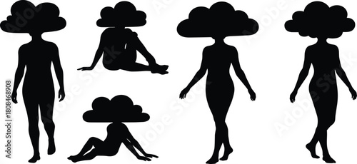 Creative cloud head woman silhouette collection representing dreamy surreal art concept, fantasy imagination, emotional mood, and abstract human illustration design.