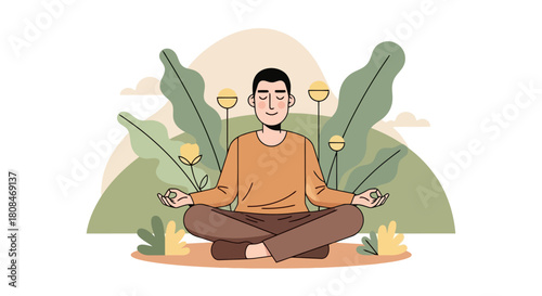 Peaceful Man Meditating Outdoors in Nature Inner Calm Serenity Balance