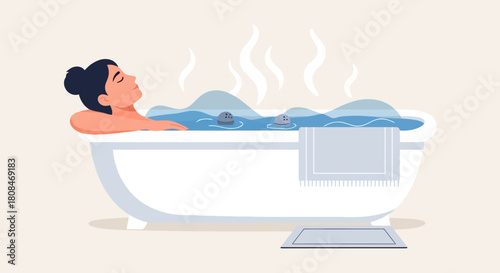 Woman Relaxing in a Steaming Hot Bath Tub for Ultimate Serenity and Self Care