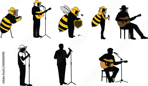 Creative illustration of musicians and bee characters performing with guitars and microphones, blending humorous beekeeping themes with musical performance, stage art, and playful entertainment