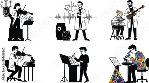 Creative scientist and musician collaboration illustration, laboratory art concept, music and science fusion vector, black and white modern design