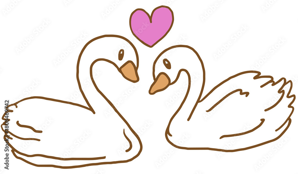 Fototapeta premium Cute hand drawn two swans for lake, river, cartoon, animal print, picnic, park, yard, summer vibe, poster, post card, nature, garden, social media post, sticker, zoo, souvenir shop, outdoors 