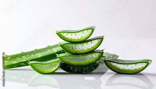 Wallpaper Mural Close-up of sliced aloe vera pieces stacked and a leaf, showcasing the translucent gel and green skin against a clean white background. Torontodigital.ca