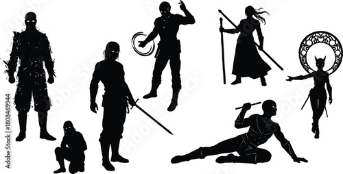 Dynamic fantasy warrior silhouette collection featuring combat poses, weapons, mystical elements, and heroic action stances for creative illustration, concept art, and graphic design projects