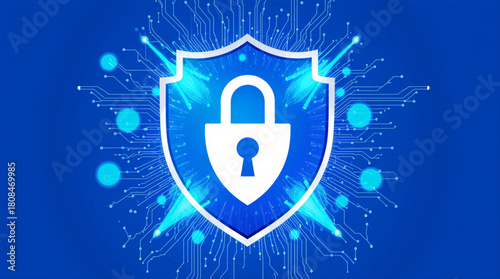 Digital shield with glowing padlock represents cybersecurity and data protection