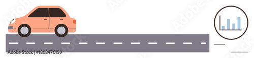 Orange car driving on a gray road, paired with a circular analytics graph. Ideal for transportation, technology, data analysis, road safety, logistics, travel environmental impact. Simple flat