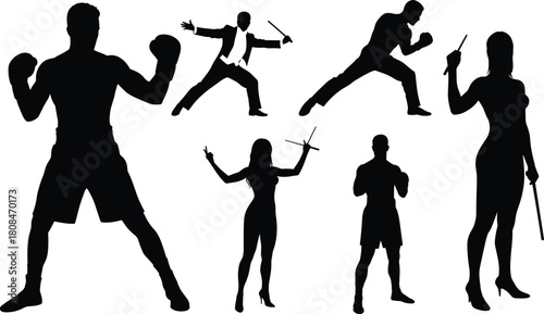 Dynamic silhouette collection of athletes and performers posing with boxing stances, dramatic gestures, and expressive action movements for fitness, martial arts, and performance themes