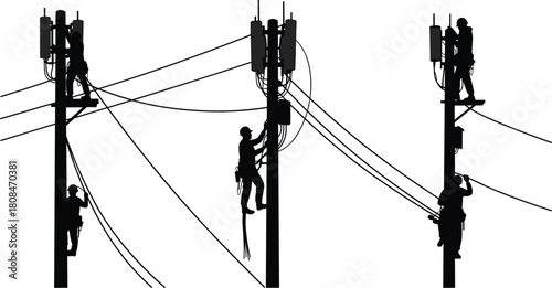 Electrical linemen working on utility poles, repairing and maintaining power lines, teamwork safety concept, industrial electricity infrastructure maintenance, high voltage workers
