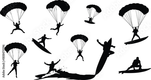 Dynamic silhouettes of surfers and parachutists performing extreme sport stunts, capturing energetic motion, adventure lifestyle, and outdoor action scenes for creative illustration projects