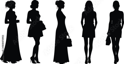 Elegant women silhouettes wearing fashionable dresses and carrying handbags, stylish female models posing in evening gown and casual outfit illustration