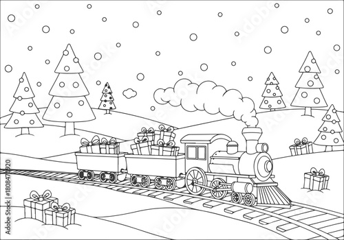 Christmas Coloring Book Page Festive Train Delivering Presents Through Snowy Winter Landscape