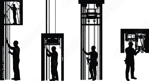 Elevator technicians repairing lift system inside shaft, maintenance workers with tools ensuring safety, industrial equipment service and vertical transportation inspection work