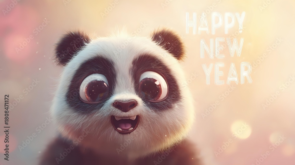 Obraz premium Cute cartoon panda wishes happy new year a whimsical illustration for holiday greetings perfect for cards and social media posts