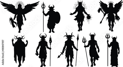 Epic silhouette illustration of mythical warrior gods and horned deities holding weapons, featuring dramatic poses, divine energy, fantasy characters, and powerful heroic symbolism