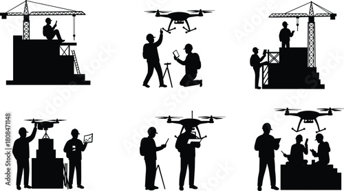 Engineers using drone technology for construction site inspection, modern architecture planning, aerial surveying, digital innovation, civil engineering, and infrastructure development