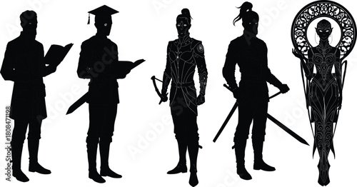 Fantasy warrior and scholar silhouette collection, medieval hero character vector, elegant mythical figure illustration, black design on white background