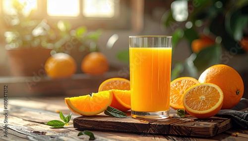 A tall glass of vibrant orange juice sits on a rustic wooden surface surrounded by fresh oranges, some sliced, with soft sunlight streaming in.
