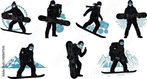 Futuristic snowboarder illustration set, winter sports concept with technology elements, mountain adventure vector art, cyber snowboarding design, digital winter character