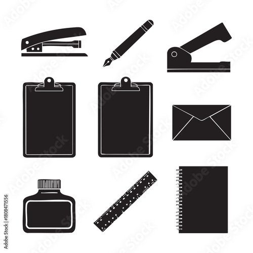 Black Silhouette Icons of Office and School Supplies on White Background stapler fountain pen