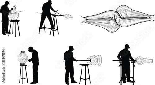 Glassblowing artisans shaping molten glass into decorative art pieces on workbench, traditional craftsmanship process in professional glass production workshop setting